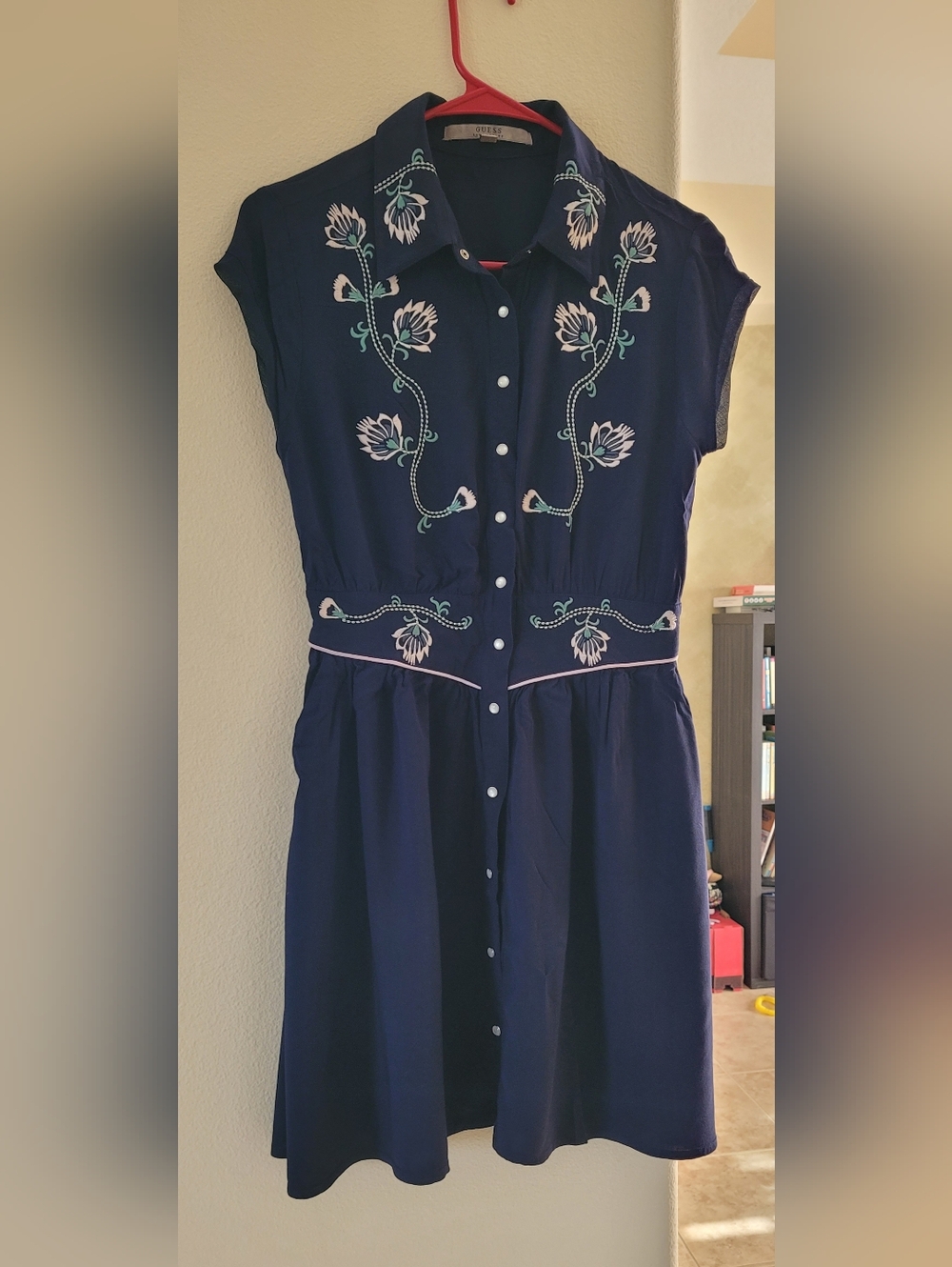 Vintage Guess Navy Blue  Embroidered Button-Front Shirt Dress Size 4 - Picture 3 of 11
